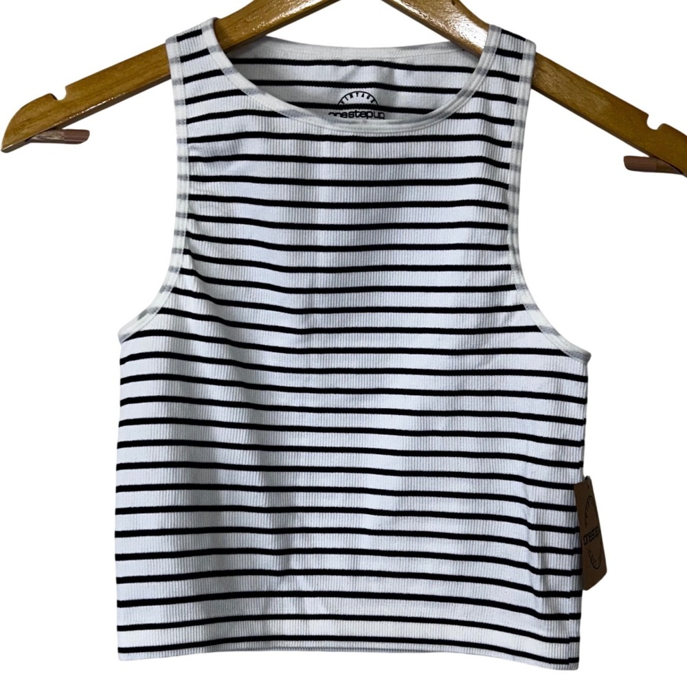 NWT One Step Up Women's Striped Seamless Ribbed Crop Tank Top Black White L/XL